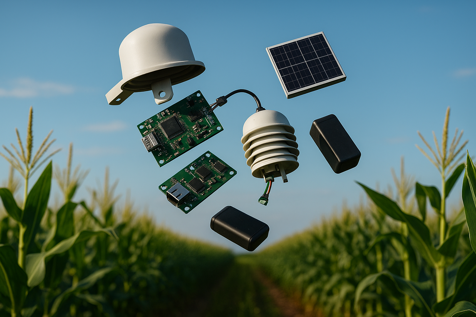 Dispositivo IoT sobre un campo de maíz